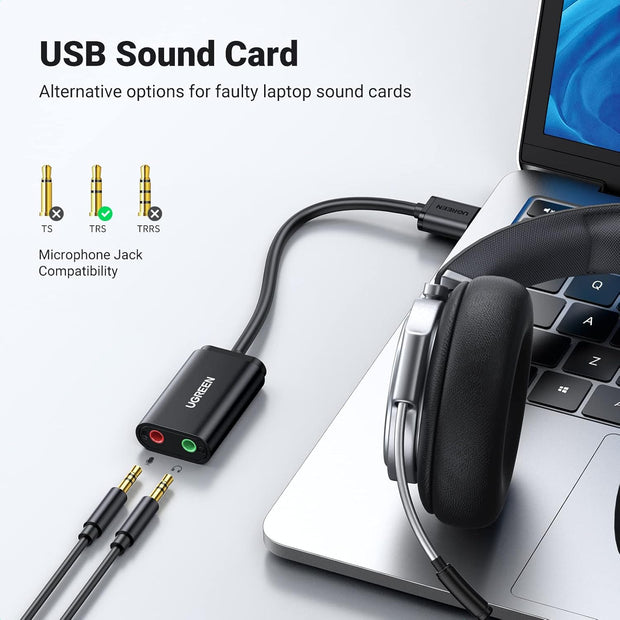 UGREEN USB to Audio Jack Sound Card Adapter with Dual TRS 3-Pole 3.5mm, Black