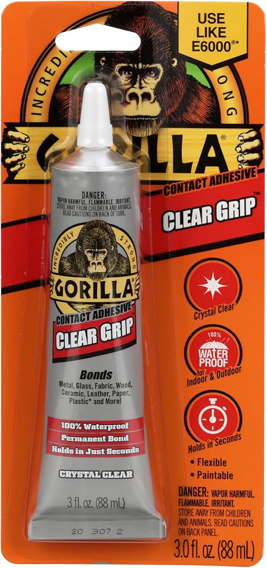 Gorilla Clear Grip - Fast Setting Contact Adhesive - Waterproof, Paintable Clear Glue for Indoor or Outdoor Application - Heavy Duty Shoe Repair Glue for Leather, Ceramics, Wood - 88ml/3oz (Pack of 1)