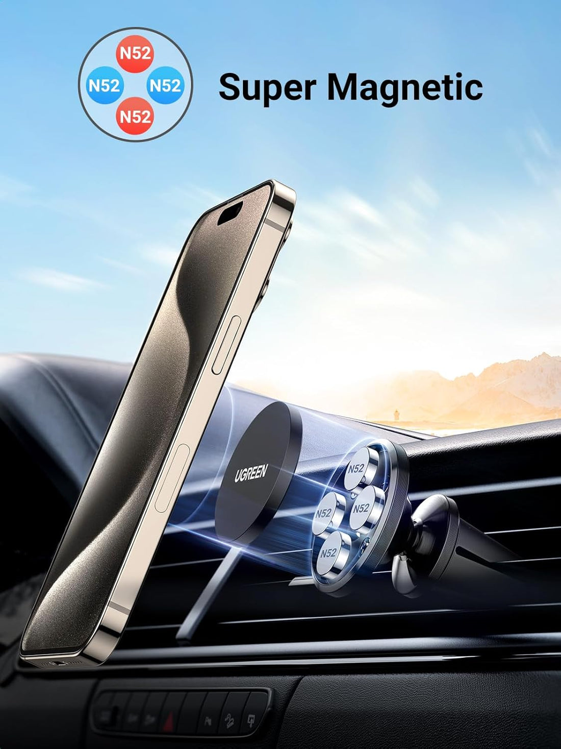 UGREEN Car Phone Mount Magnetic Air Vent Universal Magnet Holder Compatible with iPhone 17 Pro Max, Galaxy S24 Ultra, Gloss Black