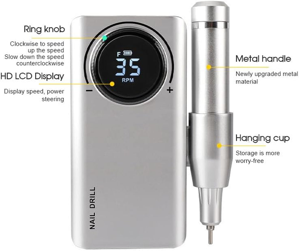 35,000 RPM Rechargeable Portable Nail Drill Machine – Professional E-File for Manicure & Pedicure (Silver)