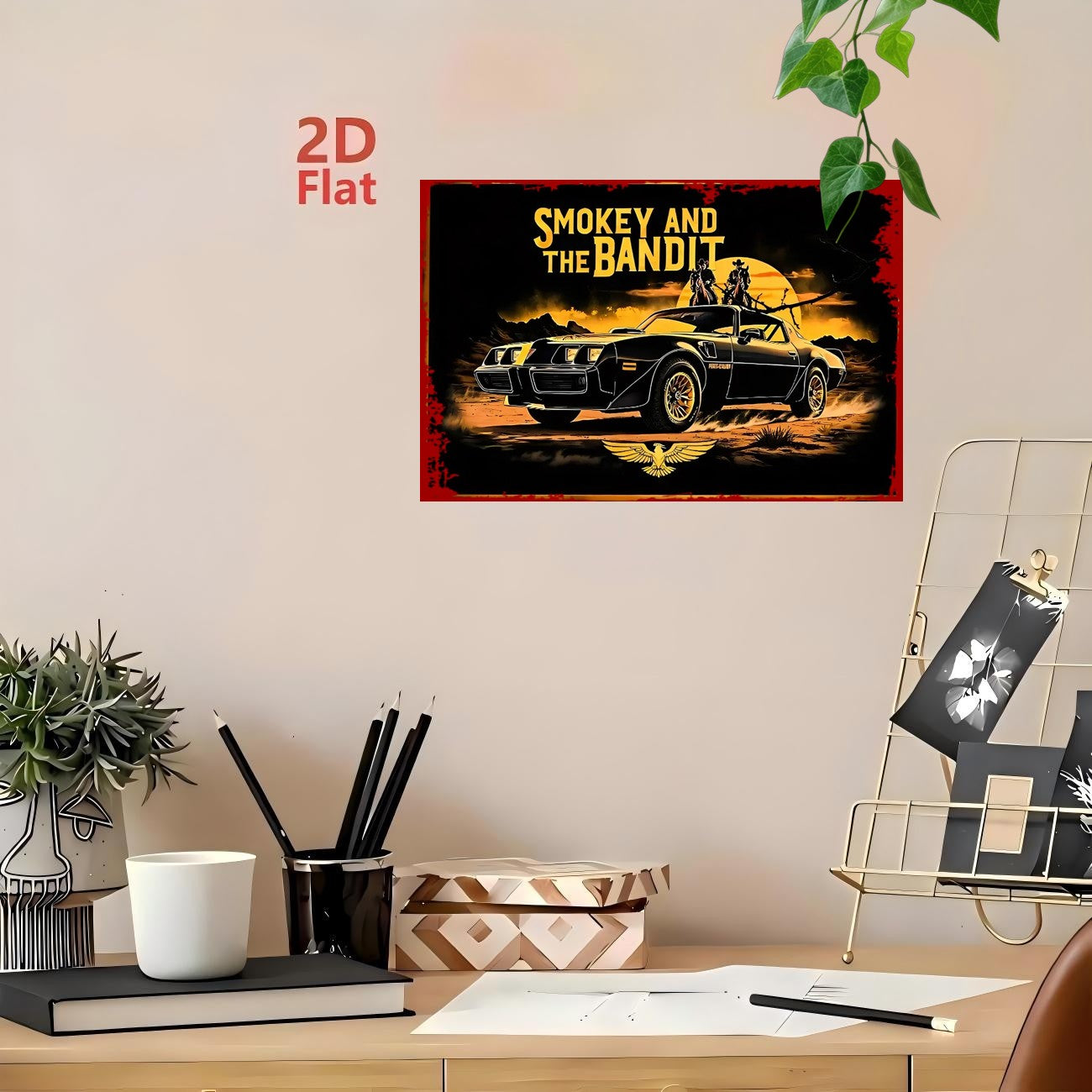 2D Flat - A 2D Retro Metal Tin Sign Features a Black Sports Car with Two People Inside, And The Words "SMOKEY AND THE BANDIT" Above. This Black Car-Themed Product Is Perfect for Hanging in Bars, Outdoor Spaces, Garages, Cafes, Gardens - Tin Sign Factory Australia