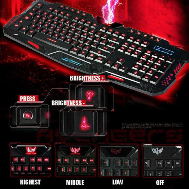 Ergonomic RGB Wired Gaming Keyboard with Dynamic 3-Color LED Backlighting