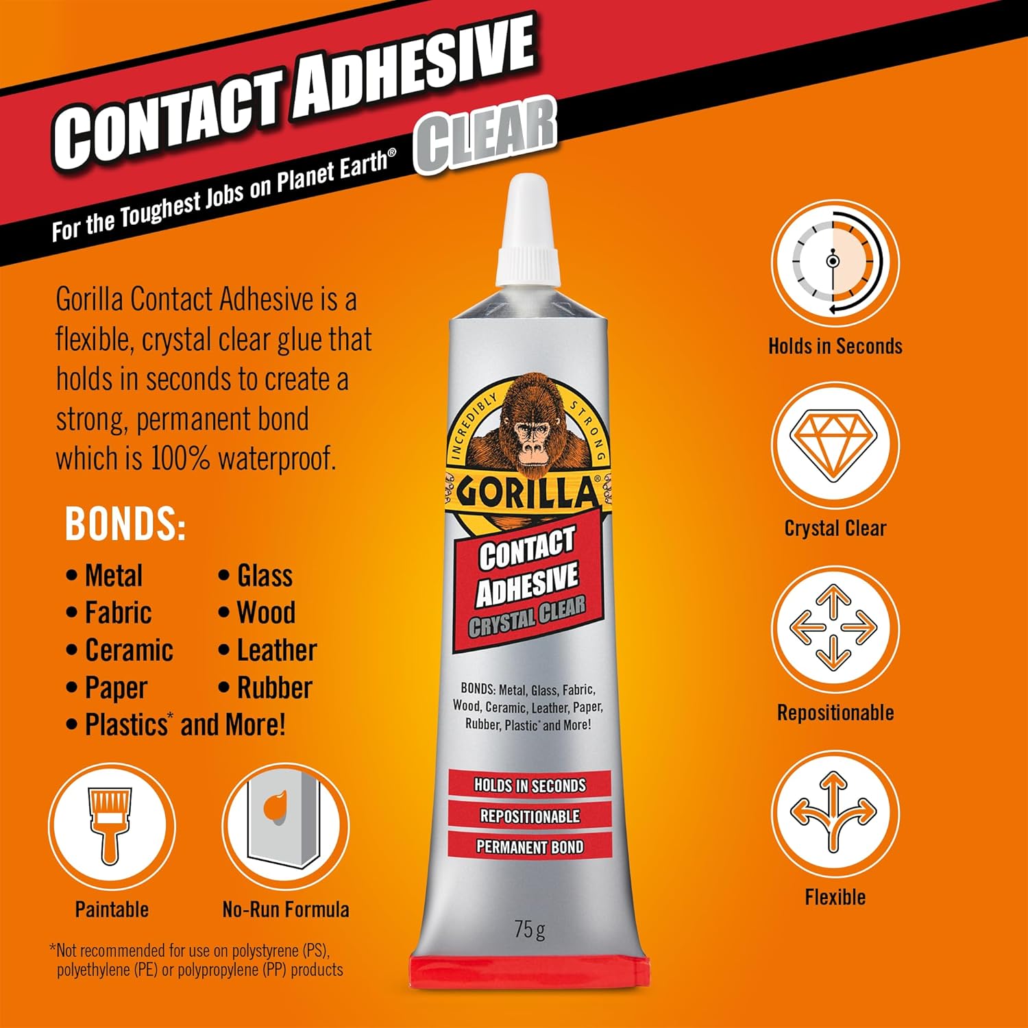 Gorilla Clear Grip - Fast Setting Contact Adhesive - Waterproof, Paintable Clear Glue for Indoor or Outdoor Application - Heavy Duty Shoe Repair Glue for Leather, Ceramics, Wood - 88ml/3oz (Pack of 1) - Tin Sign Factory Australia