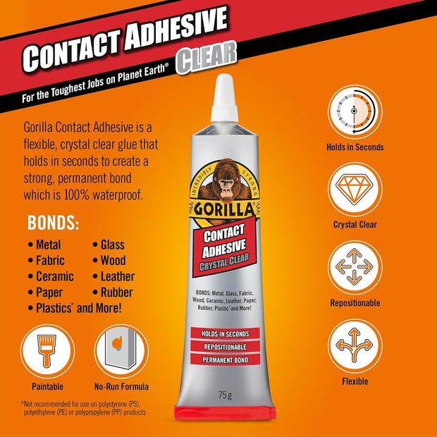 Gorilla Clear Grip - Fast Setting Contact Adhesive - Waterproof, Paintable Clear Glue for Indoor or Outdoor Application - Heavy Duty Shoe Repair Glue for Leather, Ceramics, Wood - 88ml/3oz (Pack of 1)