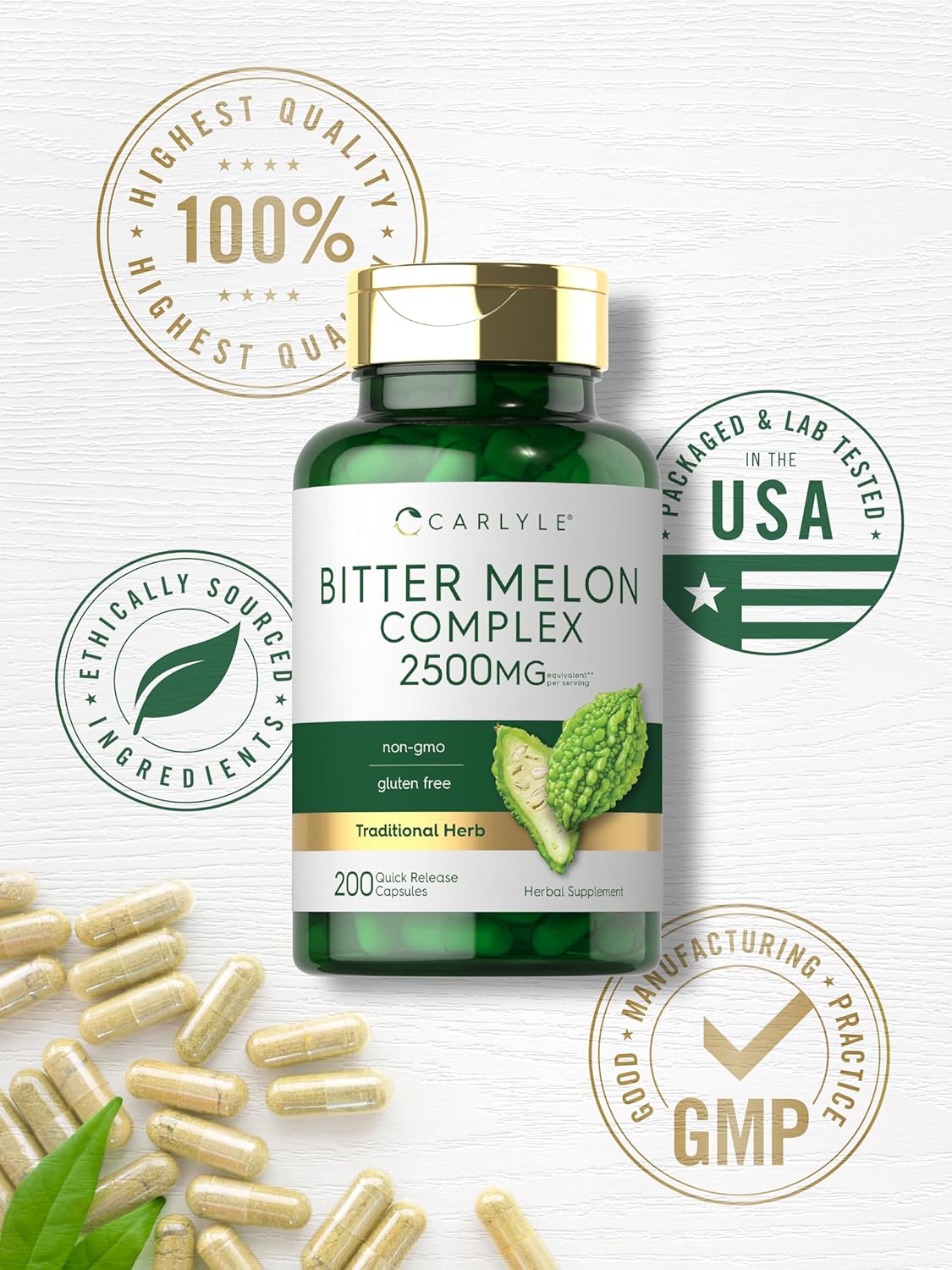 Bitter Melon Capsules | 1000mg | 200 Count | Non-GMO & No-Gluten Extract | Complex Supplement | by Carlyle - Tin Sign Factory Australia