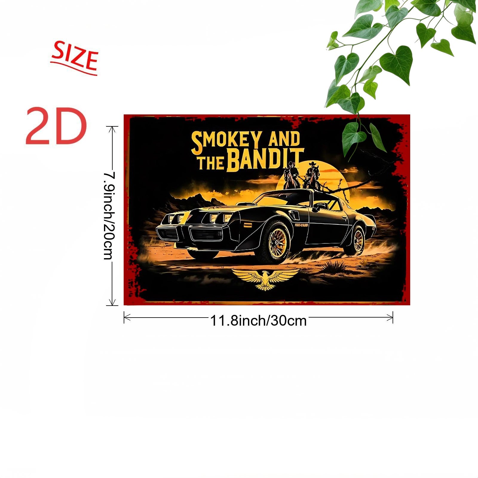 2D Flat - A 2D Retro Metal Tin Sign Features a Black Sports Car with Two People Inside, And The Words "SMOKEY AND THE BANDIT" Above. This Black Car-Themed Product Is Perfect for Hanging in Bars, Outdoor Spaces, Garages, Cafes, Gardens - Tin Sign Factory Australia
