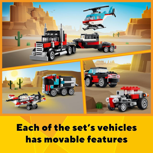 Creator 3-in-1 Flatbed Truck & Helicopter – Build a Plane, Fuel Lorry, or Hot Rod SUV | Construction Toy for Kids 7+