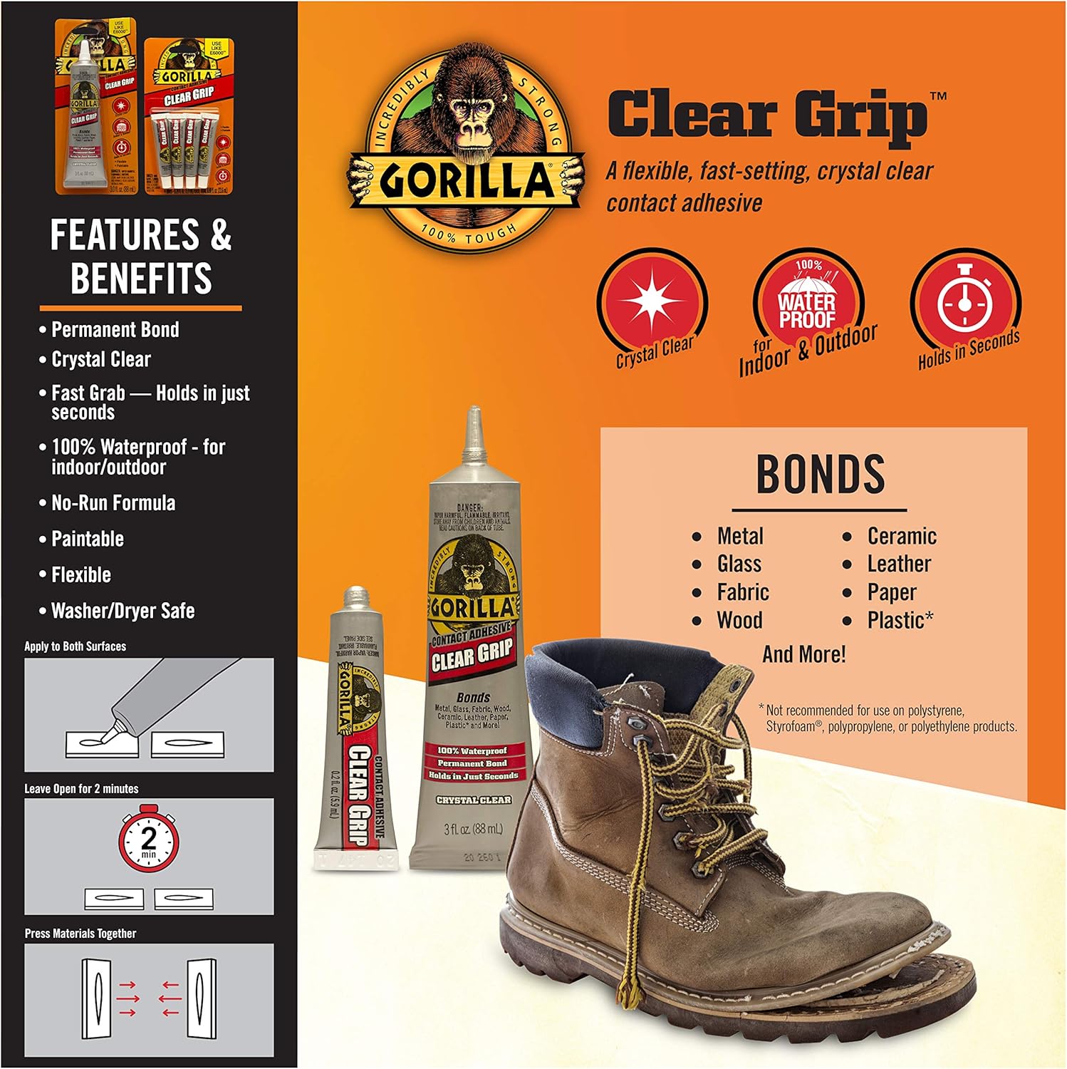 Gorilla Clear Grip - Fast Setting Contact Adhesive - Waterproof, Paintable Clear Glue for Indoor or Outdoor Application - Heavy Duty Shoe Repair Glue for Leather, Ceramics, Wood - 88ml/3oz (Pack of 1) - Tin Sign Factory Australia