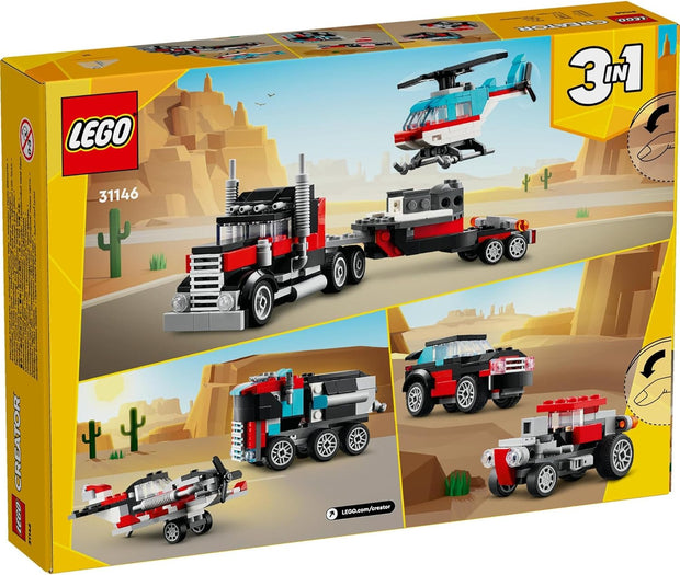 Creator 3-in-1 Flatbed Truck & Helicopter – Build a Plane, Fuel Lorry, or Hot Rod SUV | Construction Toy for Kids 7+