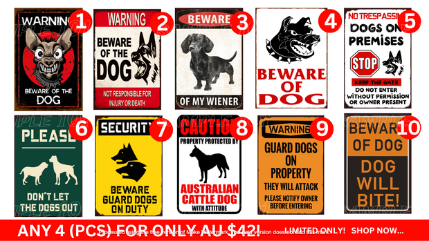 Dog Signs- Any 4 Designs Retro/ Vintage Tin Metal Sign Man Cave, Wall Home Décor, Shed-Garage, and Bar