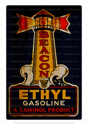Vintage metal sign featuring 'BEACON GASOLINE' with retro typography and graphics. The sign has a distressed, weathered finish, ideal for adding nostalgic charm to home bars, garages, sheds, or man caves.