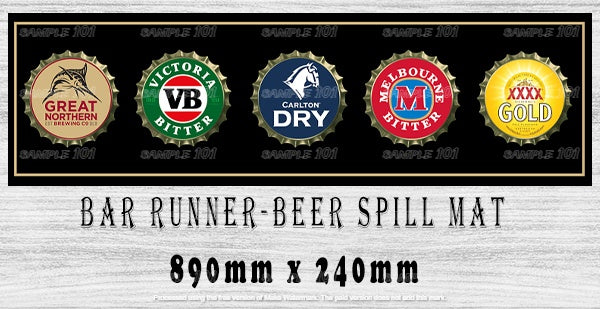 BEER CAPS Aussie Beer Spill Mat (890mm x 240mm) BAR RUNNER Man Cave Pub Rubber