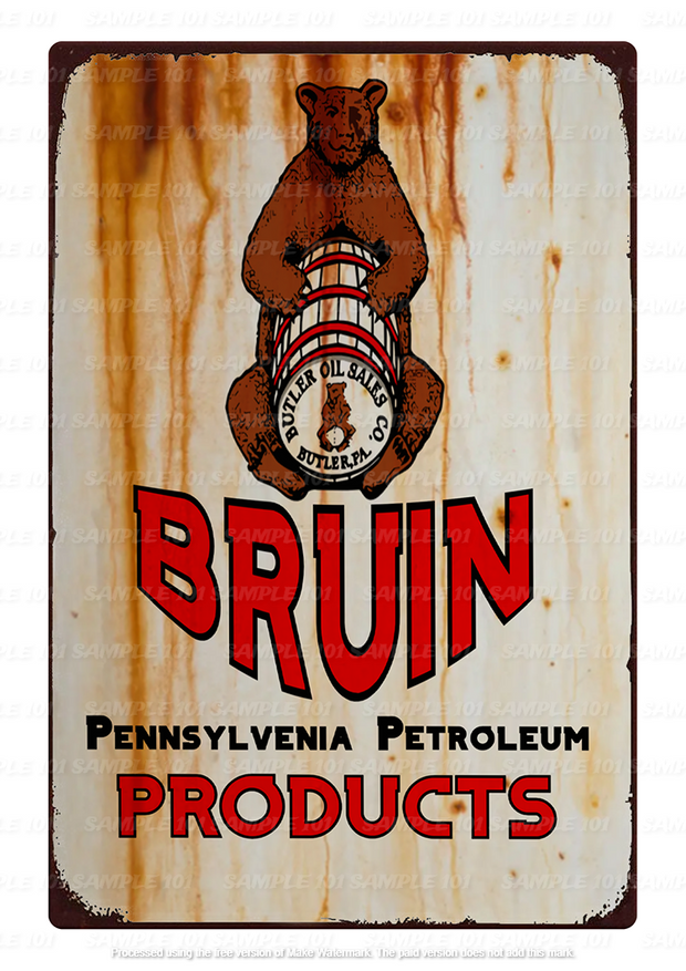 Vintage-style tin metal sign with a 'BRUIN Warning' design, featuring a distressed, retro look. The sign has bold industrial fonts, possibly related to petroleum or safety, perfect for decorating home bars, garages, sheds, or man caves.