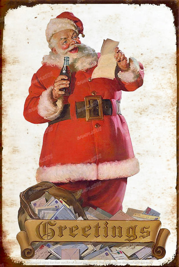 CHRISTMAS GREETINGS Santa Claus Vintage Rustic Look Home Wall Décor Bar Wall Tin Metal Signs