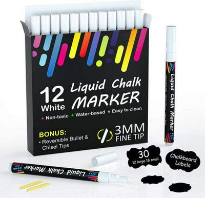 Chalk Markers, 12 Pack White Liquid Chalk Markers Pens For Blackboards, Windows,