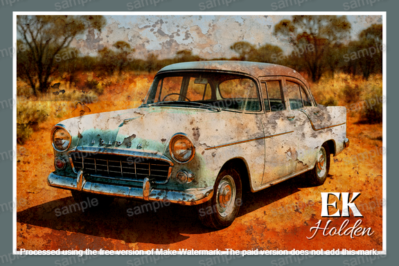 Rustic old car in a desert landscape with 'EK Holden' branding.