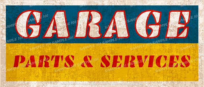 Vintage metal sign with a distressed design, featuring retro 'Garage Service' text and automotive graphics. Designed to evoke a classic, nostalgic feel.