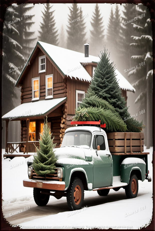 GREEN CHRISTMAS PICKUP Vintage Rustic Look Home Wall Décor Bar Wall Tin Metal Sign