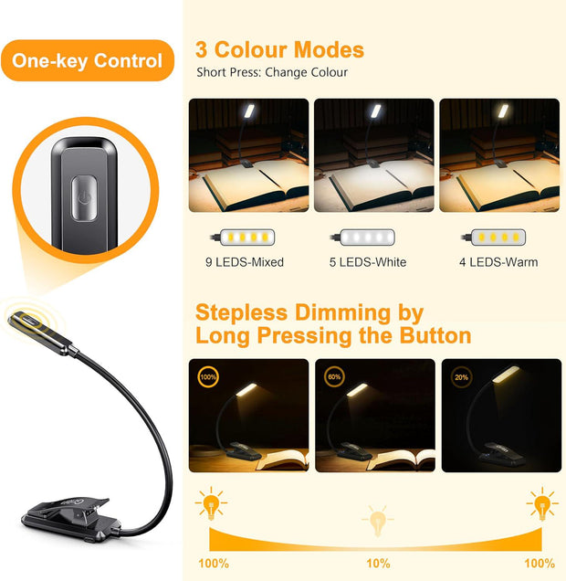 Gritin 9 LED Clip On Book Light, 3 Eye-Protecting Modes Flexible Reading Light Book Lamp (Warm&Cool White Light) -Stepless Dimming, Rechargeable, Long Battery Life, 4-Level Power Indicator