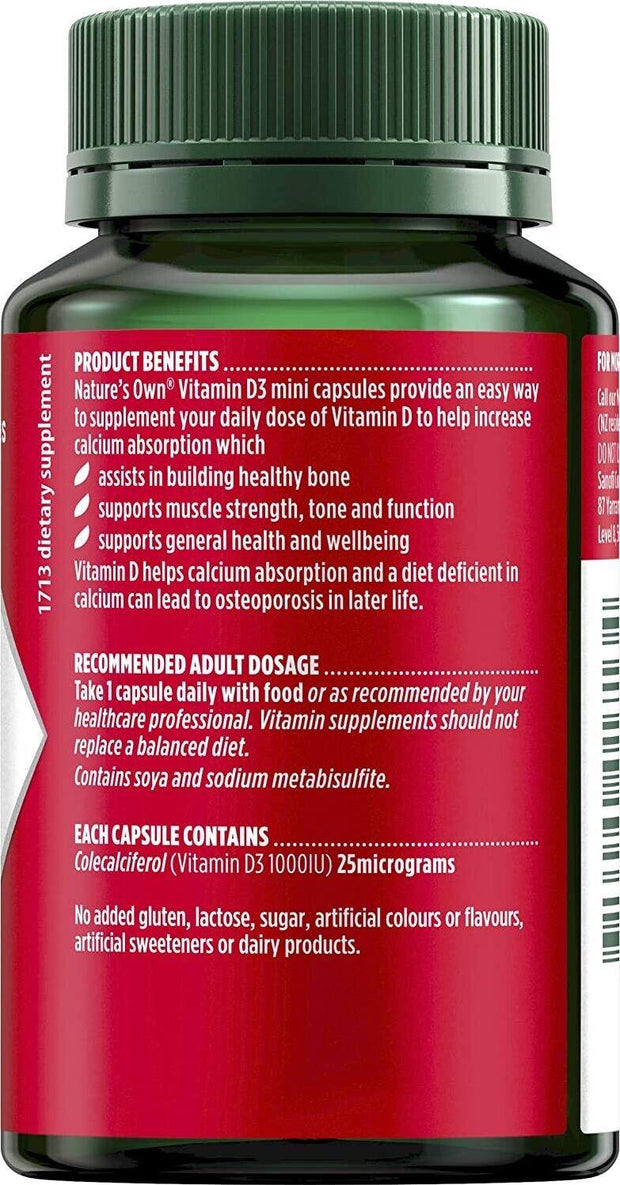 Nature's Own Vitamin D3 1000IU - Aids Calcium Absorption - Supports Healthy Bone