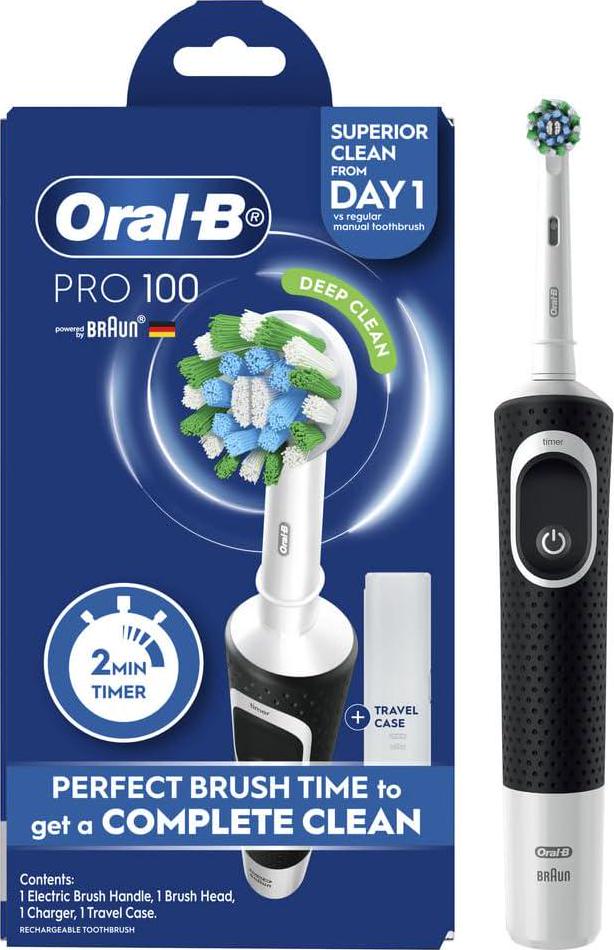 Oral-B Pro 100 Deep Clean Electric Toothbrush, Black - Clinically Proven Plaque Removal