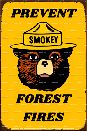 "PREVENT FOREST FIRES" vintage-style metal sign with a rustic, distressed design. Features classic fire safety messaging and retro imagery, perfect for decorating garages, sheds, cabins, or outdoor areas with a nostalgic or conservation theme.