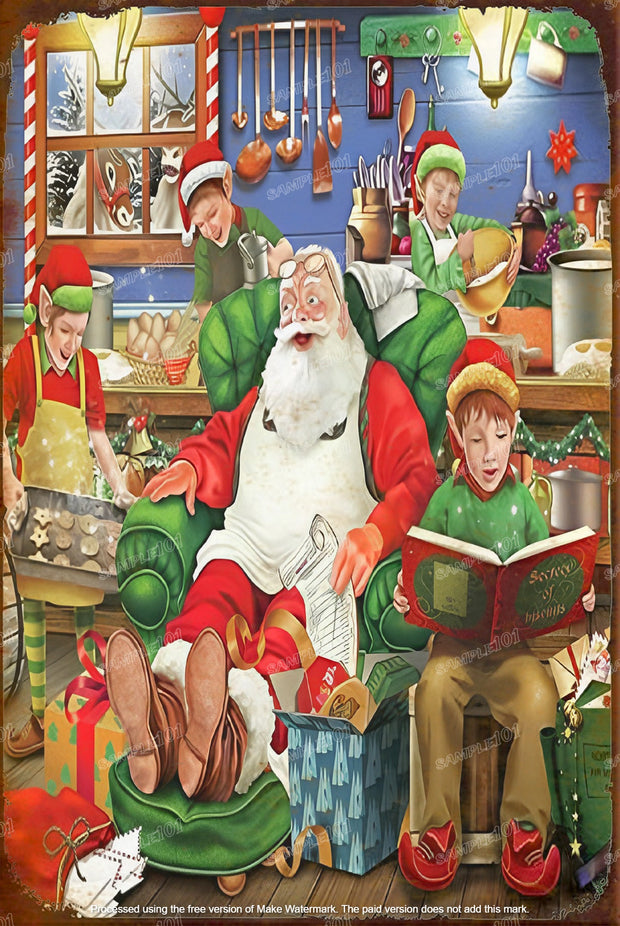 READING WITH SANTA Vintage Rustic Look Home Wall Décor Bar Wall Tin Metal Signs