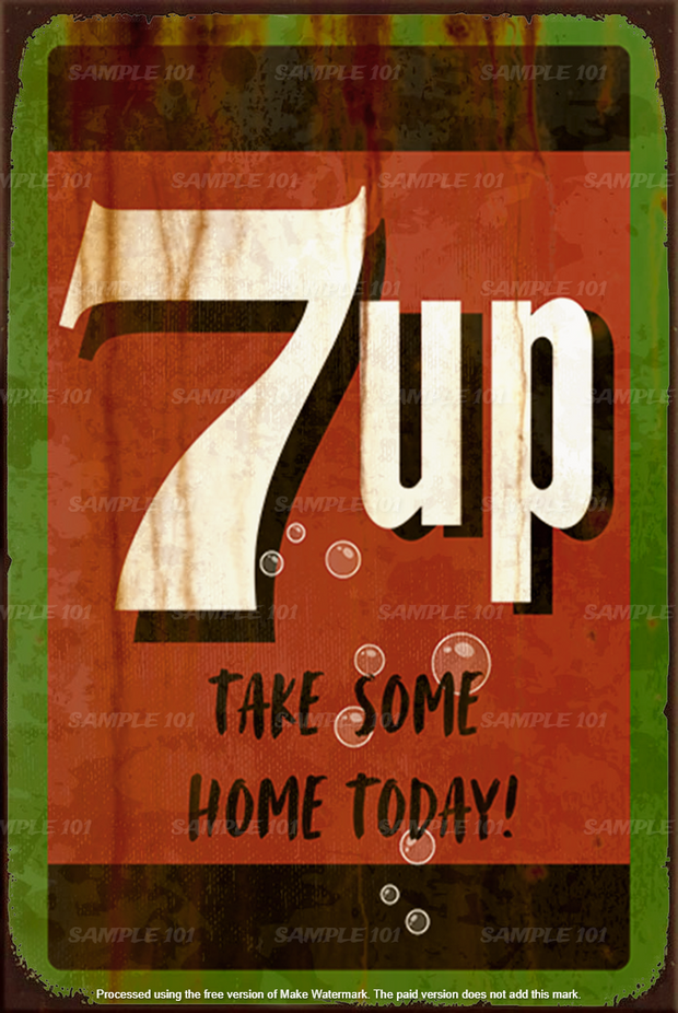SEVEN UP" vintage-style metal sign with a rustic, distressed look. Features classic Seven Up branding and retro imagery, evoking over a century of soft drink advertising. Ideal for decorating home bars, garages, sheds, or kitchens with a nostalgic, vintage theme.