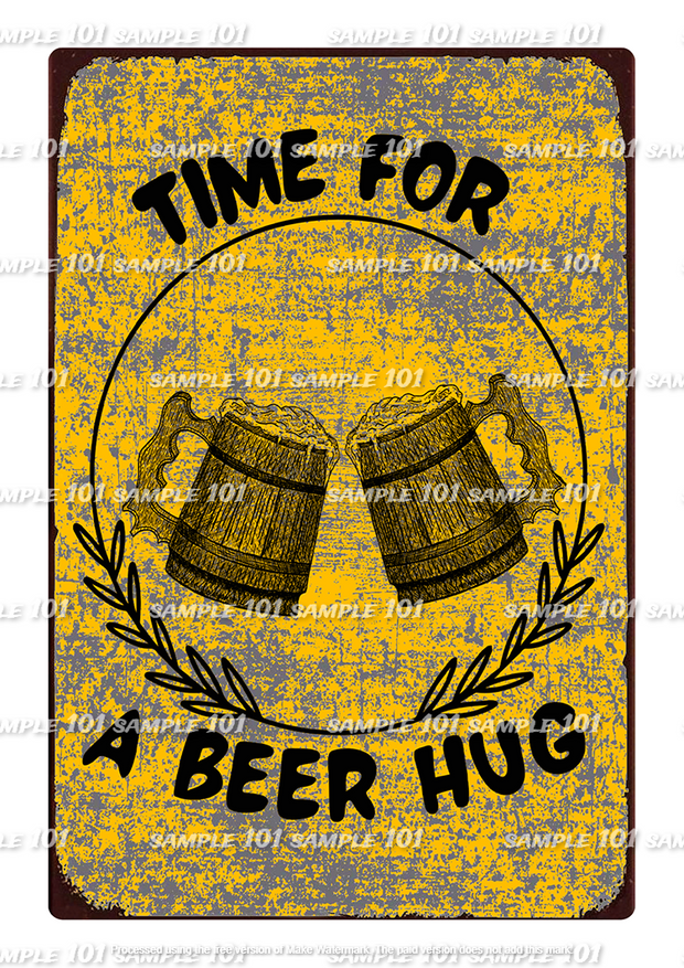 intage-style tin metal sign with 'HUG TIME' design, featuring retro typography and a playful door lock warning theme. Ideal for adding character to home bars, sheds, garages, or drinking spaces. Distressed finish for a nostalgic look.