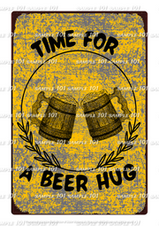 intage-style tin metal sign with 'HUG TIME' design, featuring retro typography and a playful door lock warning theme. Ideal for adding character to home bars, sheds, garages, or drinking spaces. Distressed finish for a nostalgic look.