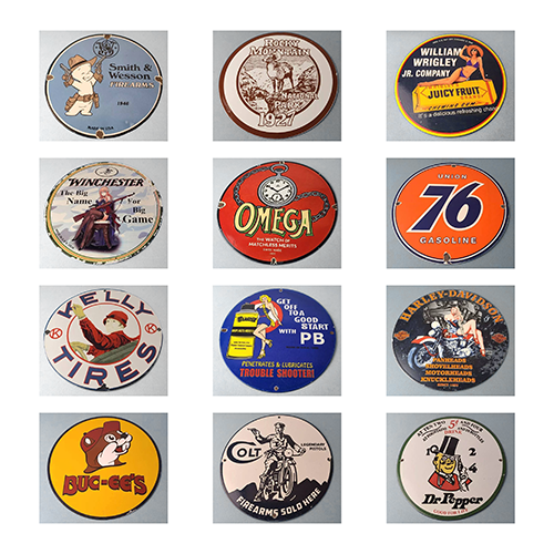Vintage Retro Round Winchester Omega Union Gasoline Kelly Tires Blaster Wesson Lubricants Colt Dr. Pepper Juicy Fruit Decorative Metal Sign