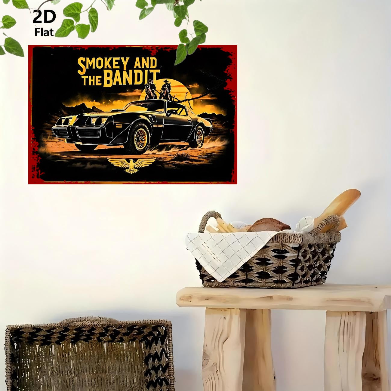 2D Flat - A 2D Retro Metal Tin Sign Features a Black Sports Car with Two People Inside, And The Words "SMOKEY AND THE BANDIT" Above. This Black Car-Themed Product Is Perfect for Hanging in Bars, Outdoor Spaces, Garages, Cafes, Gardens - Tin Sign Factory Australia