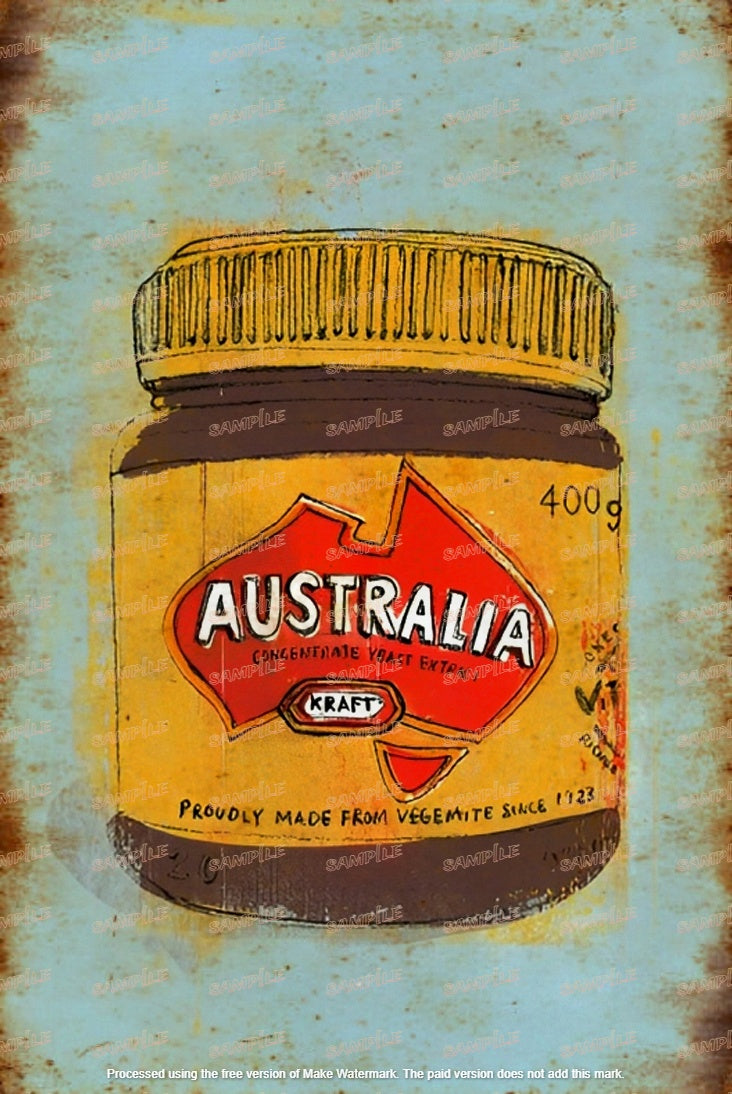 AUSTRALIA VEGEMITE Retro Vintage Rustic Look Home Classic Shed Garage Reproduction Bar Wall Tin Metal Signs Metal, Metal plaques, Outdoor, Indoor, Metal sign printing, Metal sign design, Metal sign manufacturing, Rustic look metal signs, Weathered metal signs, Vintage metal signs, Rust effect on metal, Faux rust metal signs, Corroded look metal signs, Rusty appearance