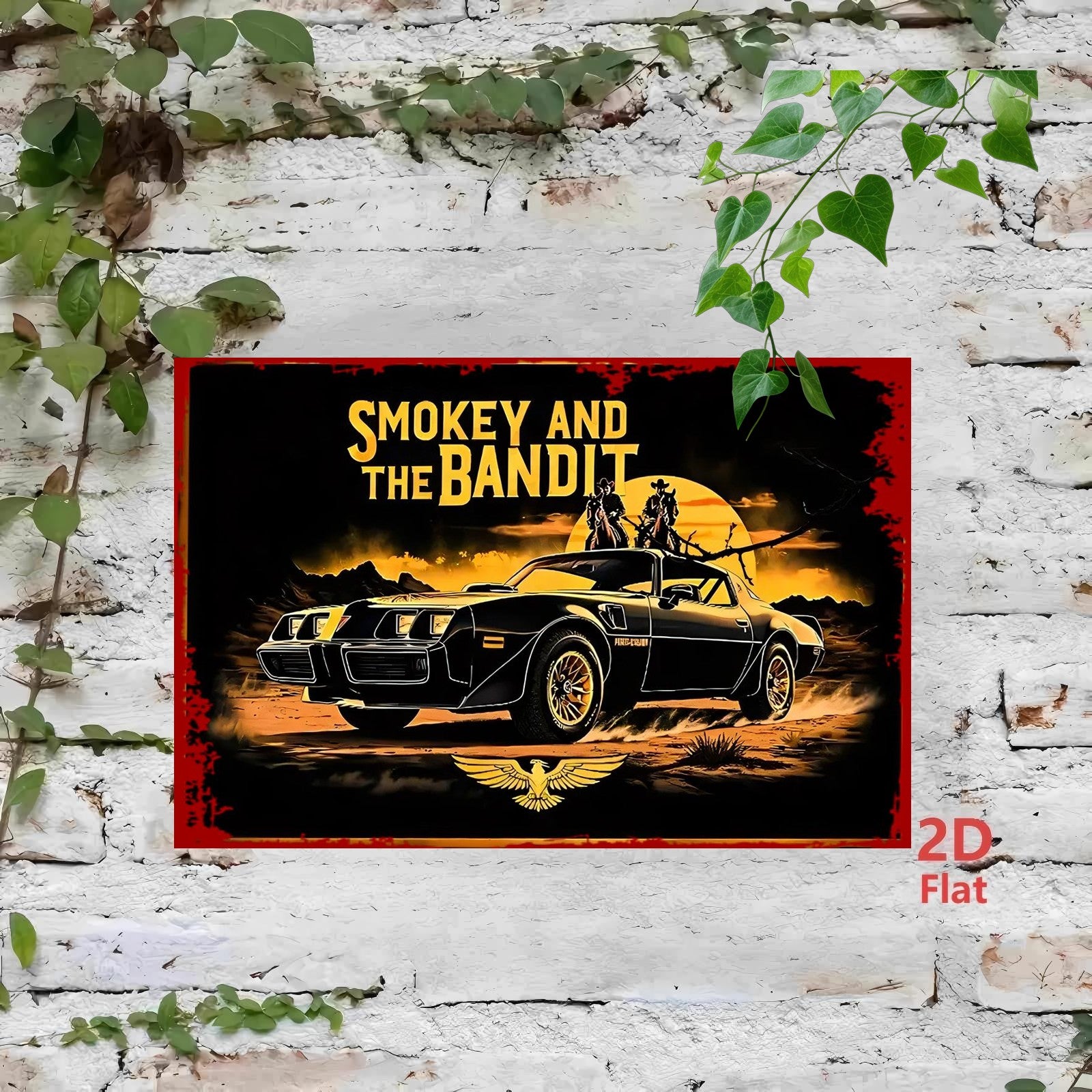 2D Flat - A 2D Retro Metal Tin Sign Features a Black Sports Car with Two People Inside, And The Words "SMOKEY AND THE BANDIT" Above. This Black Car-Themed Product Is Perfect for Hanging in Bars, Outdoor Spaces, Garages, Cafes, Gardens - Tin Sign Factory Australia
