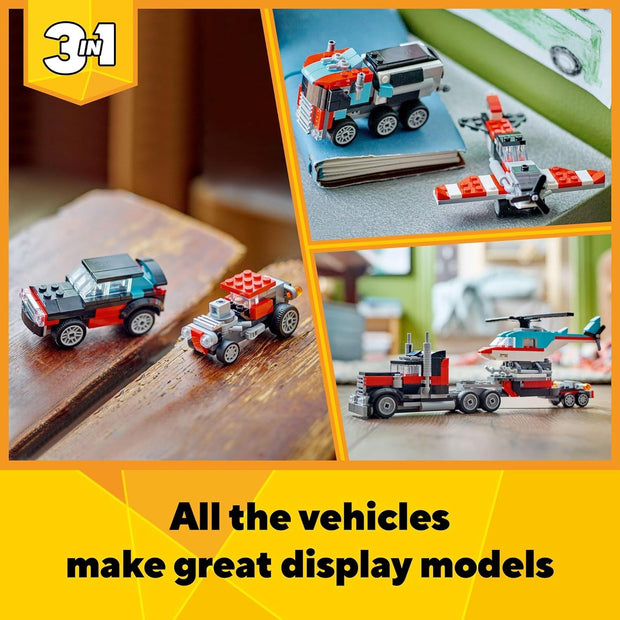 Creator 3-in-1 Flatbed Truck & Helicopter – Build a Plane, Fuel Lorry, or Hot Rod SUV | Construction Toy for Kids 7+