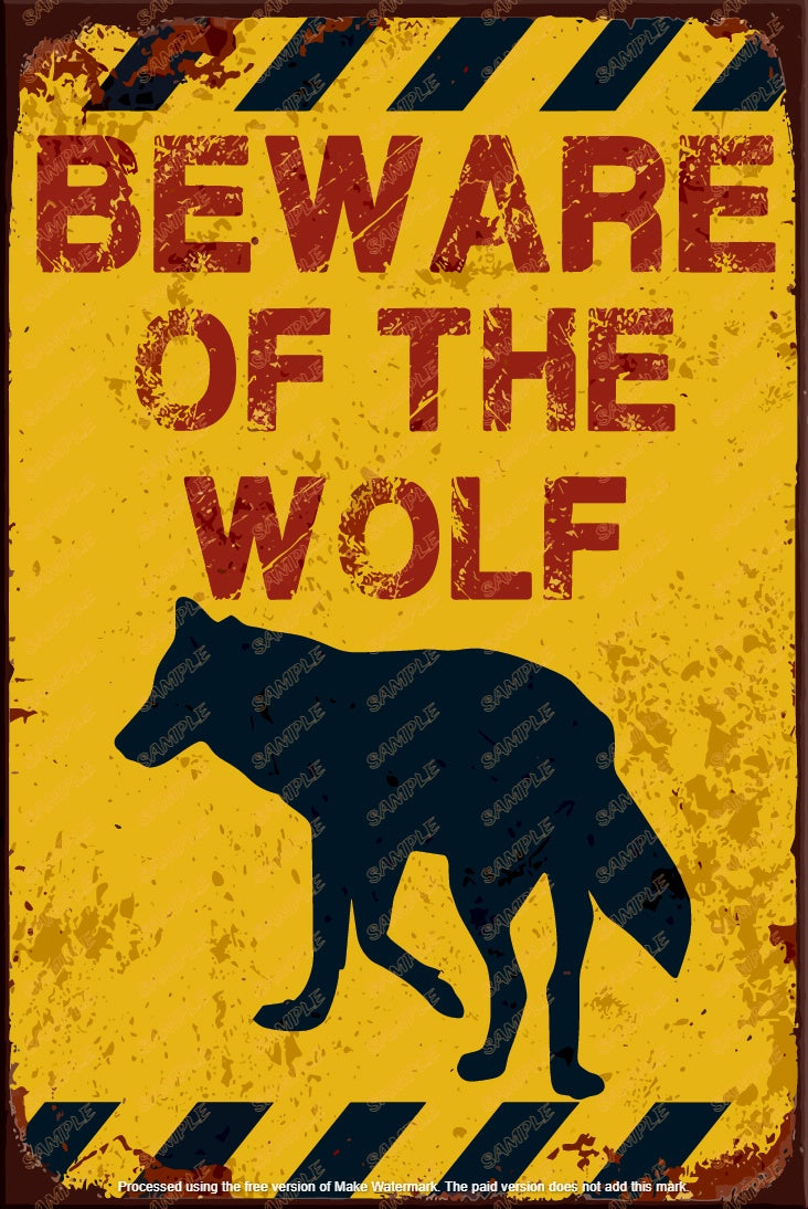 BEWARE OF THE WOLF Rustic Look Shed Garage Indoor Outdoor Plaque Warning Metal Sign