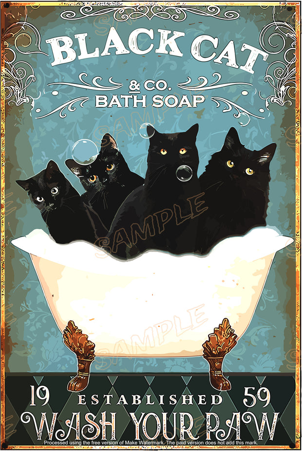 BLACK CAT BATH Retro Shed Garage Home Office Decorative Wall Rustic Look Tin Metal Signs