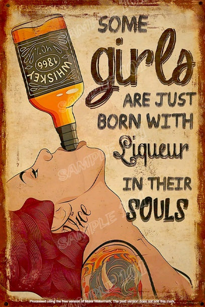 BORN WITH LIQUOR Retro Vintage Rustic Look Home Shed-Garage Reproduction Bar Wall Tin Metal Signs