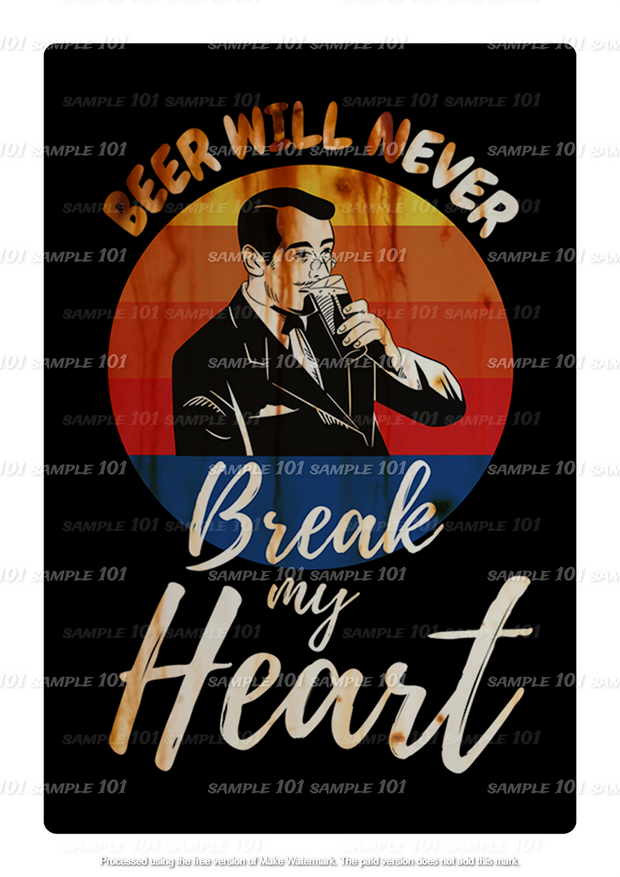 Vintage tin metal sign with 'BREAK MY HEART' design, featuring retro typography and a playful door lock warning. Ideal for adding character to home bars, sheds, garages, or drinking areas. Distressed finish for a nostalgic look.