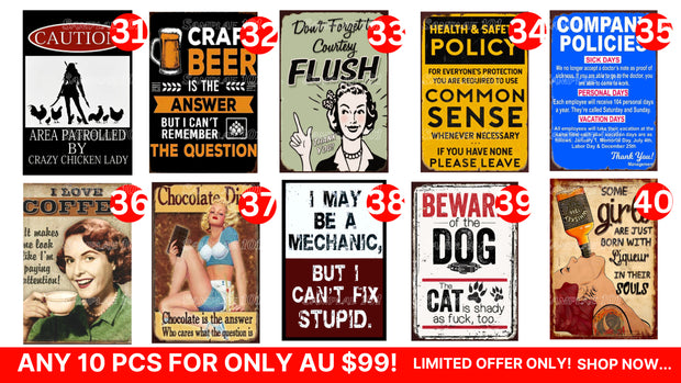 Bulk Buy-Humorous Signs 10 Designs Retro/ Vintage Tin Metal Sign Man Cave, Wall Home Décor, Shed-Garage, and Bar