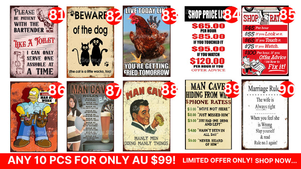 Bulk Buy-Humorous Signs 10 Designs Retro/ Vintage Tin Metal Sign Man Cave Wall Home Décor, Shed-Garage, and Bar