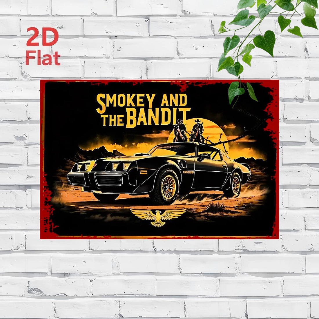 2D Flat - A 2D Retro Metal Tin Sign Features a Black Sports Car with Two People Inside, And The Words "SMOKEY AND THE BANDIT" Above. This Black Car-Themed Product Is Perfect for Hanging in Bars, Outdoor Spaces, Garages, Cafes, Gardens - Tin Sign Factory Australia