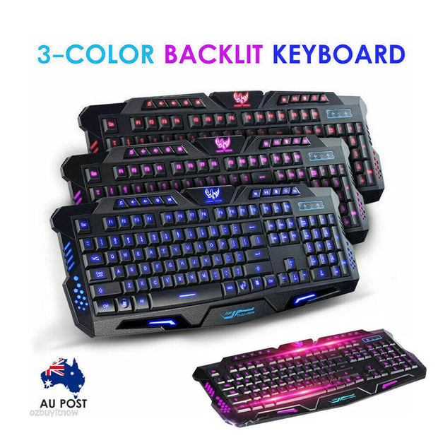 Ergonomic RGB Wired Gaming Keyboard with Dynamic 3-Color LED Backlighting