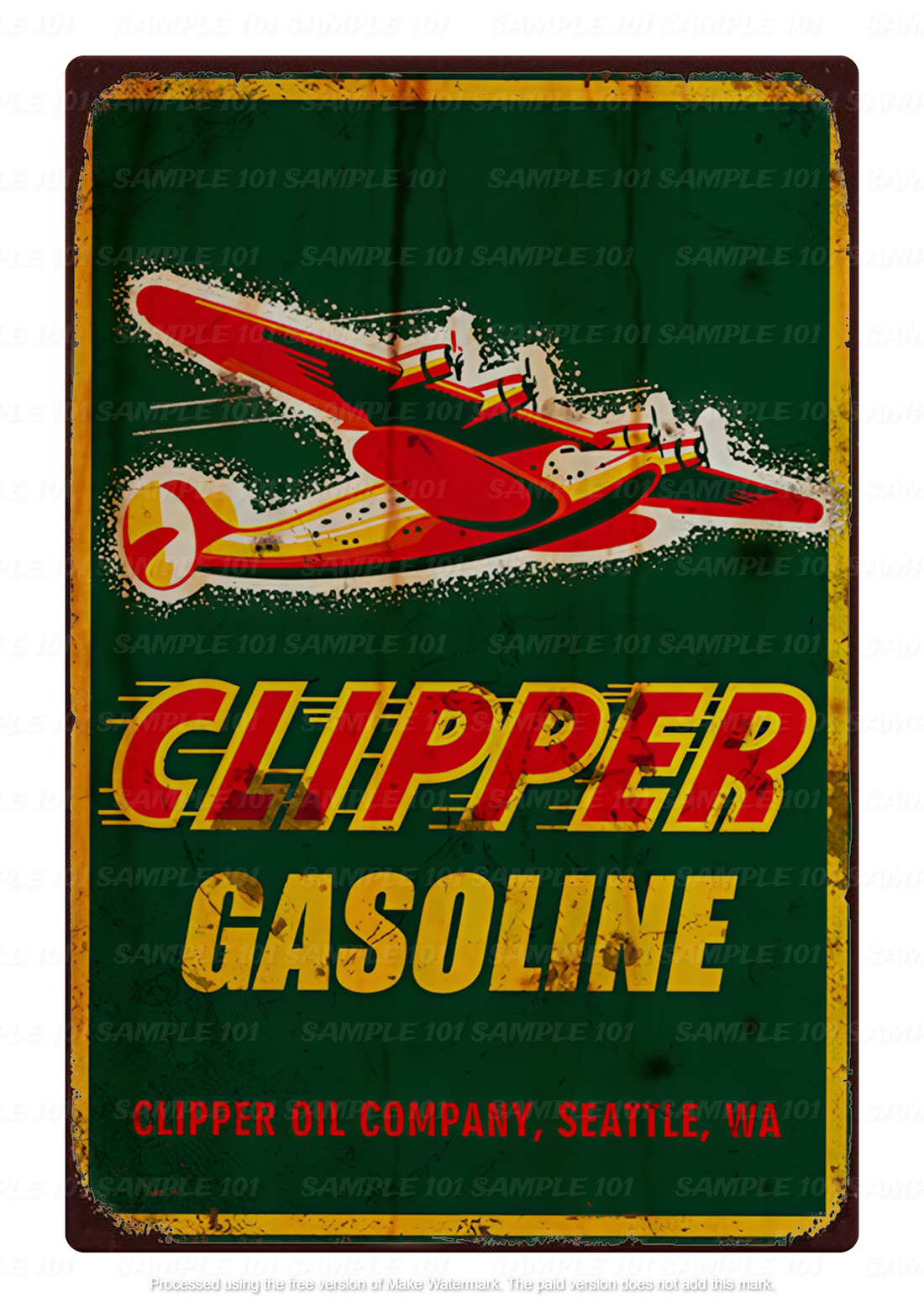 Vintage-style tin metal sign featuring the 'CLIPPER GASOLINE' branding with distressed edges and retro graphics. Perfect for adding a nostalgic touch to home bars, garages, sheds, or man caves, evoking the charm of classic gas stations and automotive history.
