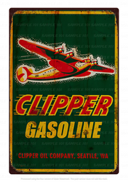 Vintage-style tin metal sign featuring the 'CLIPPER GASOLINE' branding with distressed edges and retro graphics. Perfect for adding a nostalgic touch to home bars, garages, sheds, or man caves, evoking the charm of classic gas stations and automotive history.