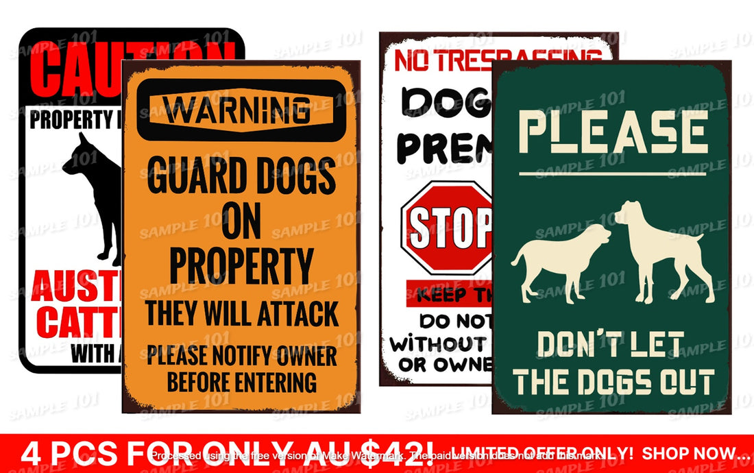4 Pcs Security Dogs Retro/ Vintage Tin Metal Sign Man Cave, Wall Home Décor, Shed-Garage, and Bar