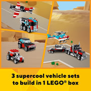 Creator 3-in-1 Flatbed Truck & Helicopter – Build a Plane, Fuel Lorry, or Hot Rod SUV | Construction Toy for Kids 7+