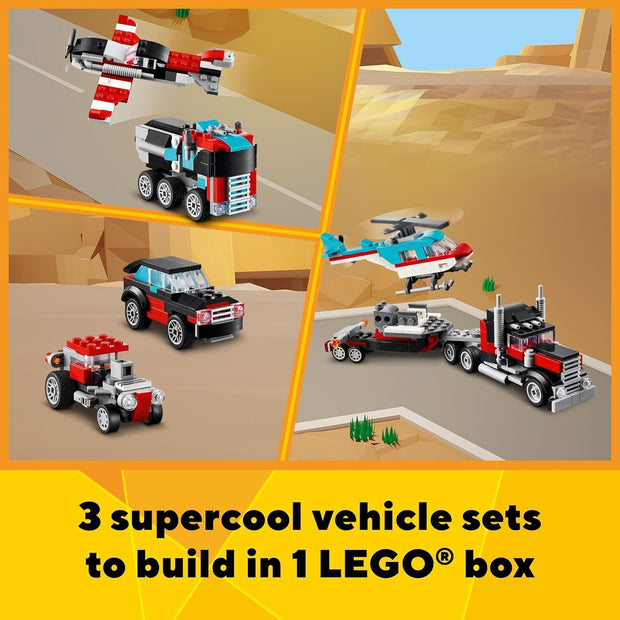 Creator 3-in-1 Flatbed Truck & Helicopter – Build a Plane, Fuel Lorry, or Hot Rod SUV | Construction Toy for Kids 7+
