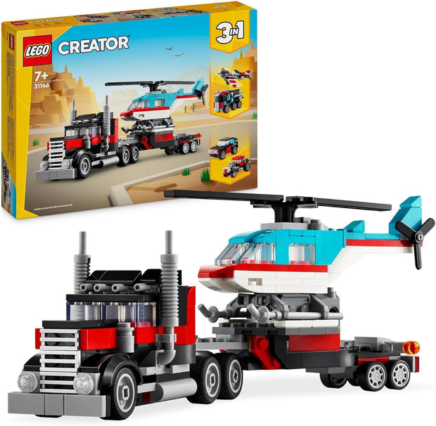 Creator 3-in-1 Flatbed Truck & Helicopter – Build a Plane, Fuel Lorry, or Hot Rod SUV | Construction Toy for Kids 7+