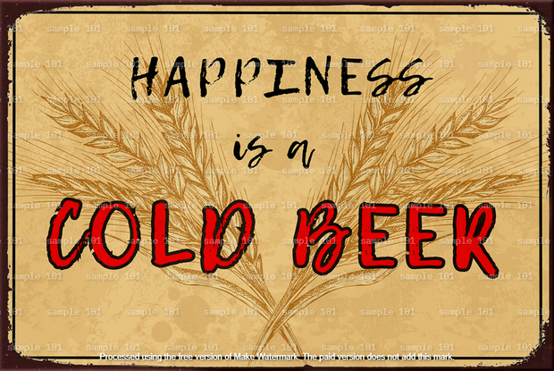 HAPPINESS" vintage-style metal sign with distressed edges. The sign features bold retro typography and an illustration of a nostalgic, mid-century advertising vibe. Ideal for decorating bars, garages, or sheds.